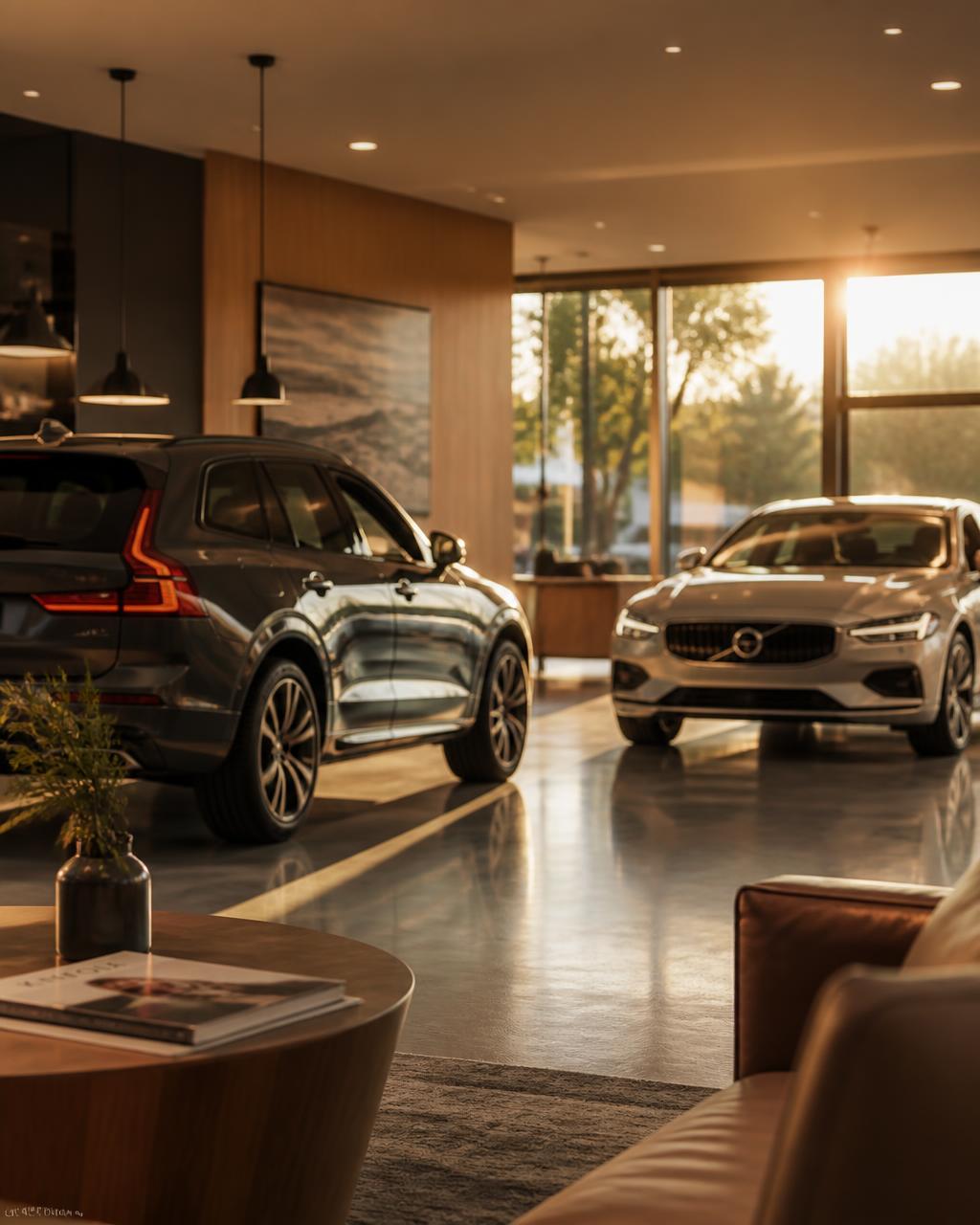 Warm, modern car showroom with SUV and sedan in golden light